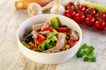 Dietary salad with canned tuna and corn