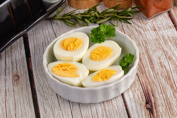 Boiled chicken eggs with bright yolk