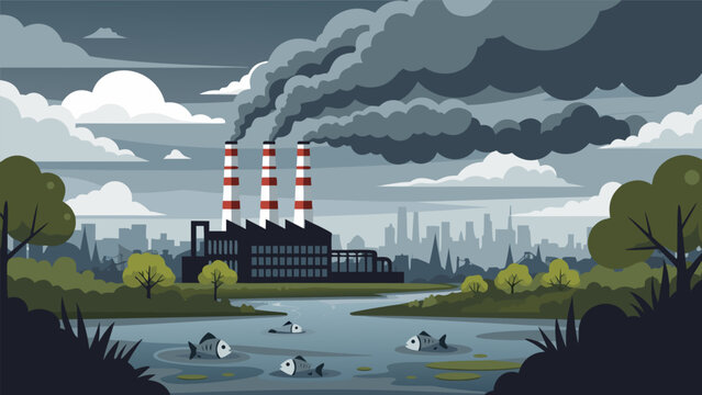 Industrial pollution from a factory spewing smoke into the sky, affecting the environment and aquatic life.