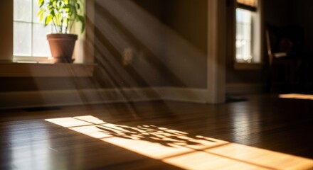 A wooden floor with sunlight streaming through a window, casting shadows and creating a warm, inviting atmosphere.