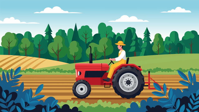 A farmer in a red tractor plows a field with trees in the background under a blue sky.