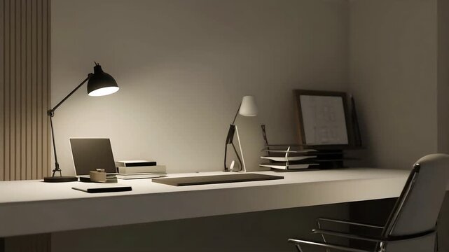 Modern minimalist office desk setup with a desk lamp, books, and a sleek chair in soft lighting