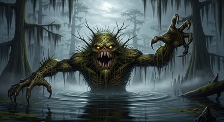 A menacing, green, tree-like creature with long, spiky arms and a menacing expression, emerging from a swampy, foggy forest with moss-covered trees and branches.