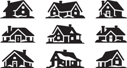 Fototapeta premium Collection of nine stylized black and white house icons with snow home building