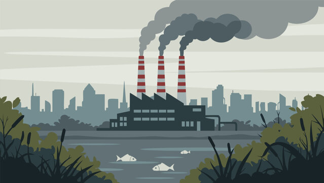 Industrial factory with smoking chimneys polluting the air and dead fish in the river in front of a city skyline.