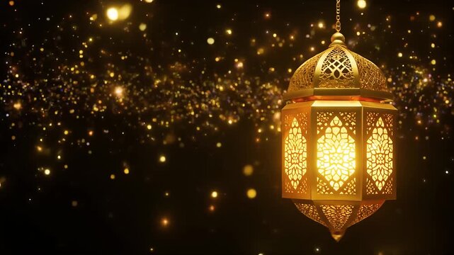 Beautifully designed golden lantern hanging animation against a dark background filled with shimmering lights and bokeh effects