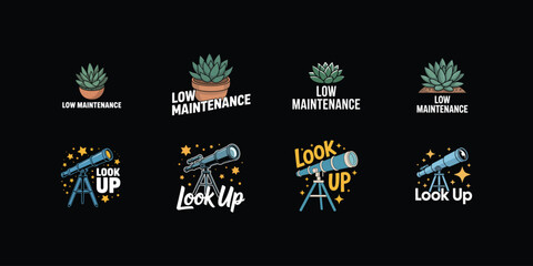 Obraz premium Collection of succulent plant and telescope graphics with text maintenance