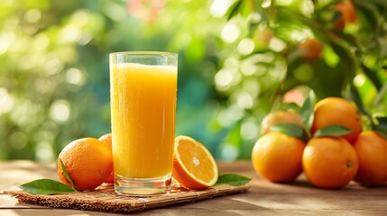 Fototapeta premium Elegant photo of Tall glass of fresh orange juice with whole oranges and slices on a woven mat on a rustic wooden table in an outdoor setting.