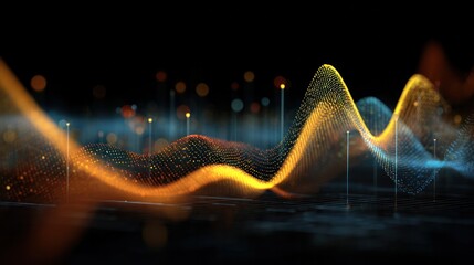 Data Wave Visualization: A stunning display of data represented as vibrant, undulating waves of light, symbolizing the dynamic flow and interconnectedness of information.