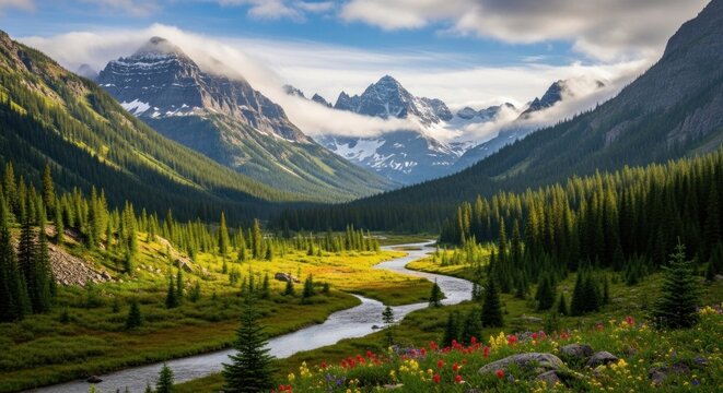 A serene mountain landscape with a river flowing through a lush green valley, featuring majestic mountains in the background and a clear blue sky with scattered clouds. - Powered by Adobe