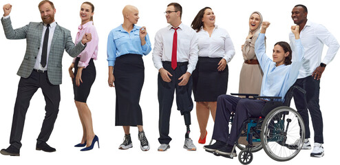 Happy diverse office group cheering together on transparent background. Concept of workplace positivity, inclusion culture, company events, HR campaigns, and teamwork celebration.