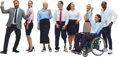 Happy diverse office group cheering together on transparent background. Concept of workplace positivity, inclusion culture, company events, HR campaigns, and teamwork celebration.