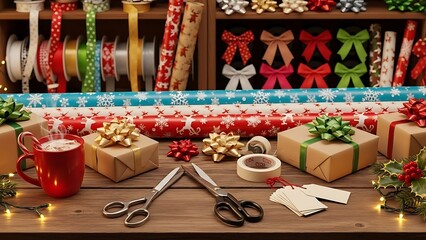 Fototapeta premium Cozy holiday gift wrapping station with hot cocoa ready