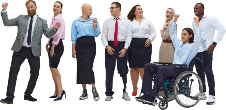 Happy diverse office group cheering together on transparent background. Concept of workplace positivity, inclusion culture, company events, HR campaigns, and teamwork celebration. - Powered by Adobe