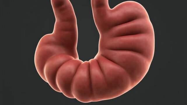 Detailed 3D animation of the human stomach and duodenum performing peristalsis, illustrating the digestive process and organ function in the abdominal cavity