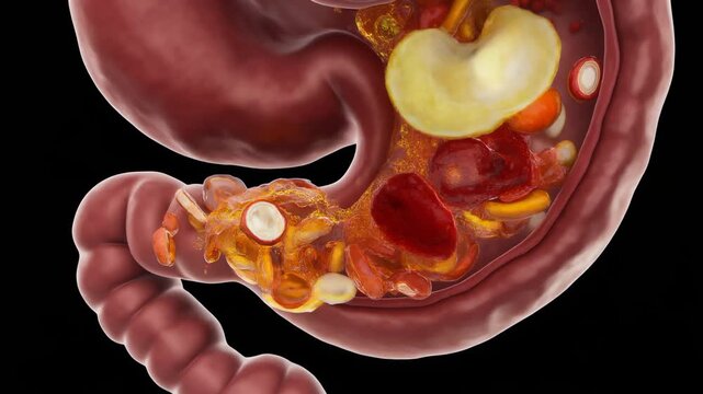 Detailed 3D animation of food intake and digestion process within the human stomach, illustrating the complex internal anatomy of the digestive system.