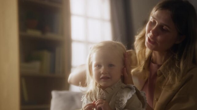 Close up shot of cute little girl sitting in mothers lap with woman brushing hair in cozy and soft aesthetic home, copy space