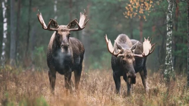Two magnificent male woodland creatures, distinguished by their impressive, broad antlers, stand alert within a serene, natural autumn forest environment. The deep brown coats of these majestic animal