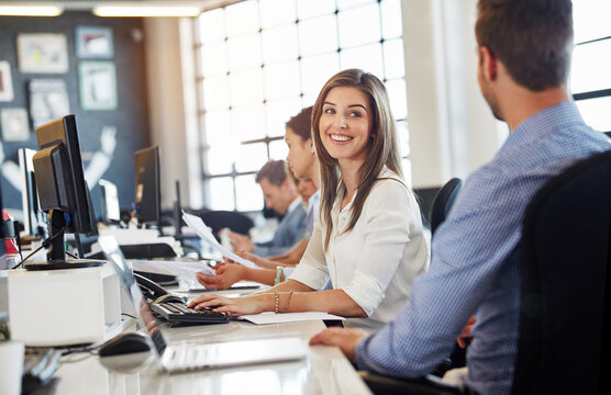 Computer, happy business people and team with ideas in office, planning and budget discussion. Technology, accountant or conversation for collaboration, financial meeting or typing bookkeeping report