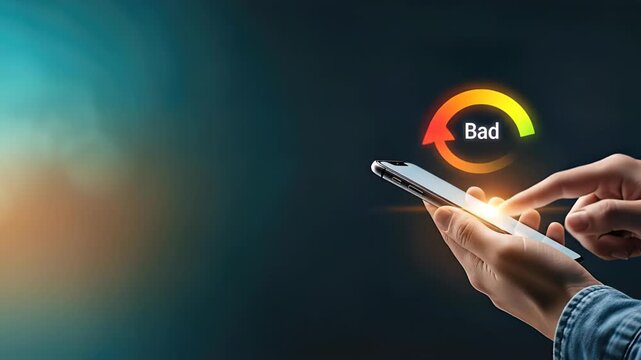 User interacts with smartphone displaying credit score gauge, transitioning from excellent to bad, showcasing dynamic action and visual progression in financial assessment
