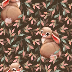 Seamless pattern with cute hand-drawn rabbits and leaves. Cute floral bunny illustration. Adorable hare springtime background