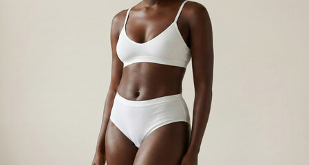 Cropped shot of a fit young woman with beautiful glossy tanned dark skin wearing a comfortable white ribbed lingerie set. 