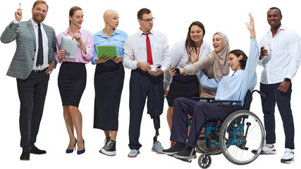Mixed team of professionals interacting and smiling on transparent background. Concept of HR materials, diversity recruitment, company culture visuals, and employee engagement.