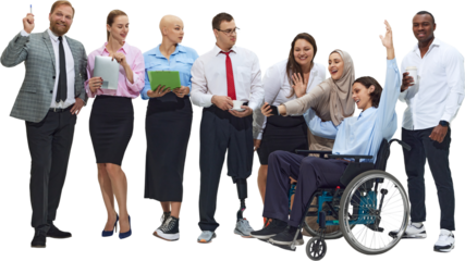 Mixed team of professionals interacting and smiling on transparent background. Concept of HR materials, diversity recruitment, company culture visuals, and employee engagement.
