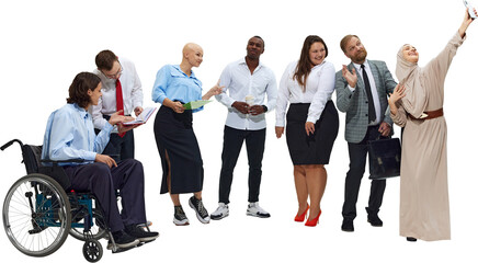 Diverse business group reviewing documents on transparent background. Concept of workflow communication, internal training assets, collaborative problem-solving, and teamwork materials.