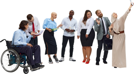 Diverse business group reviewing documents on transparent background. Concept of workflow communication, internal training assets, collaborative problem-solving, and teamwork materials.