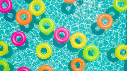 Colorful inflatable rings floating in swimming pool on sunny summer day