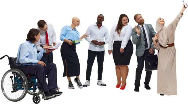 Diverse business group reviewing documents on transparent background. Concept of workflow communication, internal training assets, collaborative problem-solving, and teamwork materials. - Powered by Adobe