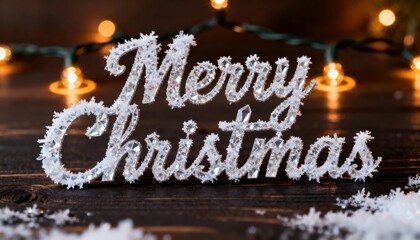 Sitting Merry Christmas ornament dusted with faux snow and glitter on wood table, with fairy lights