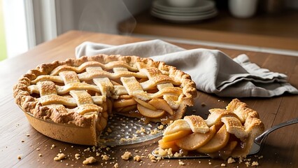 Warm lattice apple pie steaming on rustic wooden table