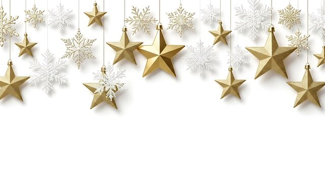 Pure white background with decorative suspended gold stars and complex layered white snowflake shapes - Powered by Adobe