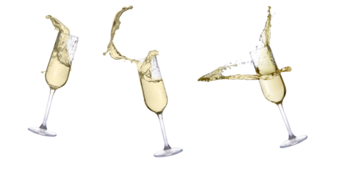 Three festive champagne glasses isolated on white background