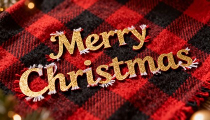 Displaying glittery gold Merry Christmas letters on red-black-buffalo-plaid scarf with warm lights
