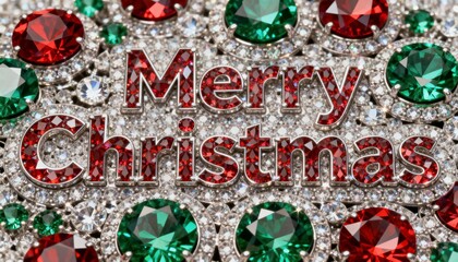 Gleaming jeweled Merry Christmas sign sparkling on studio display, with red crystals