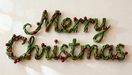Displaying braided green lettering forming Merry Christmas on cream surface with red berries