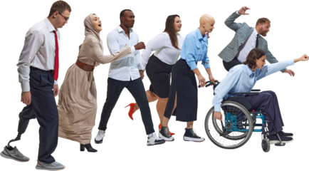 Large diverse business group running forward on transparent background. Concept of career growth, performance culture, dynamic teamwork, onboarding visuals, and corporate ambition.