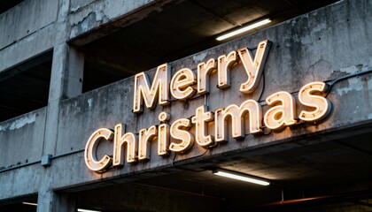 Obraz premium Glowing Merry Christmas neon sign illuminating weathered concrete parking structure, showing wiring