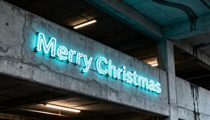 Glowing cyan Merry Christmas sign casting light across concrete beam, showing stains and conduits