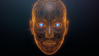 Glowing humanoid face pulsing orange-gold circuit traces in dark void, with vivid blue eyes
