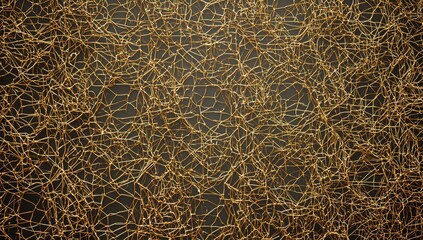 Showing close-up abstract panel featuring gold metallic filaments over dark backing at gallery wall
