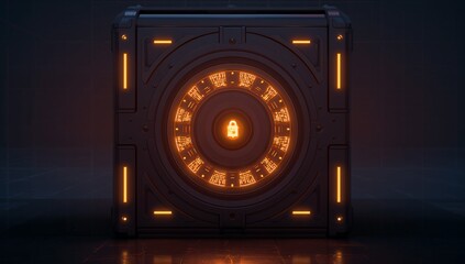 Glowing future vault cube filling dim tech chamber, showing circular lock, padlock, LED rings