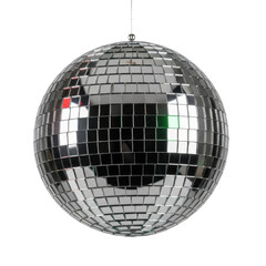 Hyper-realistic macro close-up of a perfect chrome disco ball with thousands of mirrored facets reflecting vibrant colored light (red, blue, green) against a transparent studio background. Concept of