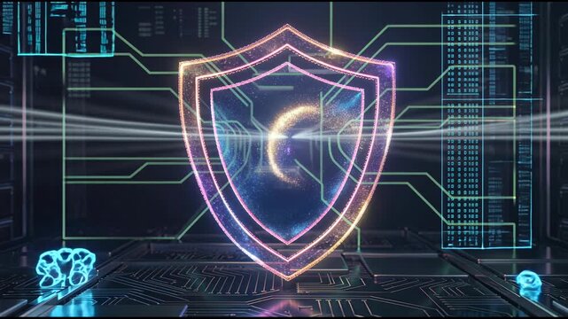 Futuristic cybersecurity shield interface with glowing digital protection layers and data network background