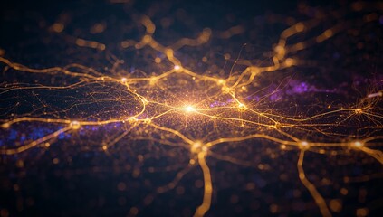 Radiating central bright node sending golden filaments across dark mesh plane, with sparkles