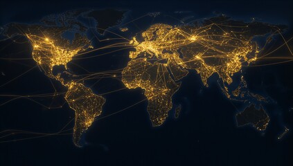 Showing stylized world map projecting golden nodes, sweeping arcs over dark navy ocean