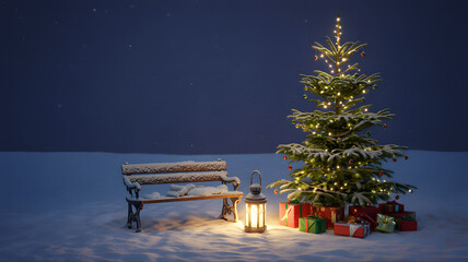 Snowy christmas tree with glowing lantern and bench in peaceful winter night
